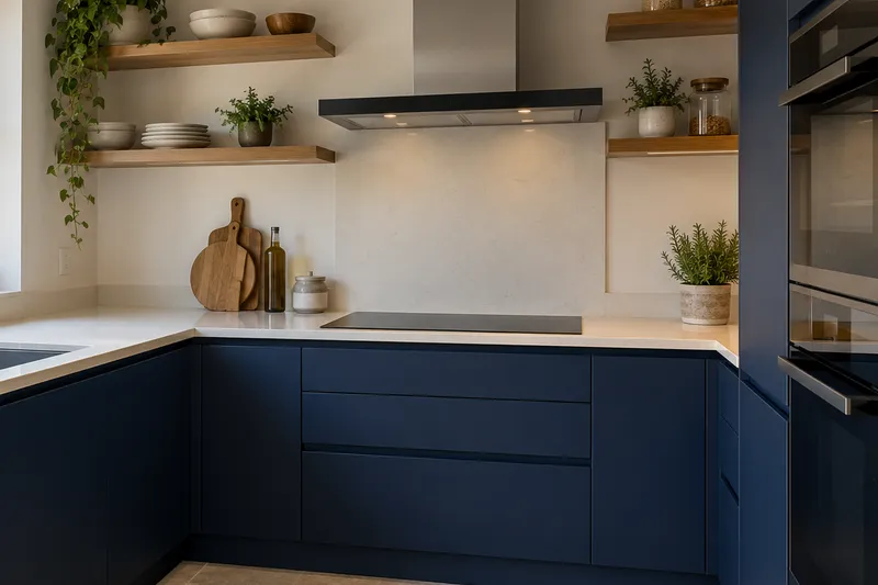 Visualización conceptual IA de cocina: Reformas de Rubén Castaño. Detalle de materiales y distribución.