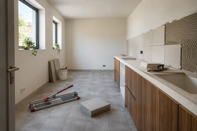 Visualización conceptual IA: Colocación de azulejos con separadores y adhesivo sobre una pared de cocina.