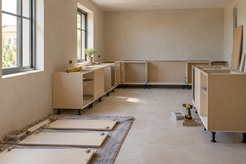 Visualización conceptual IA: Módulos de cocina en montaje con puertas pendientes de colocar.